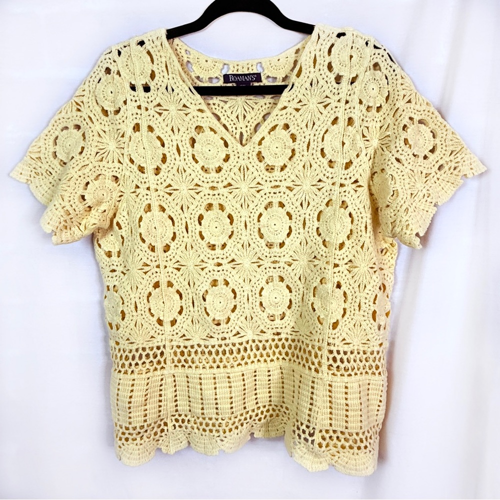 Lemon Yellow Crochet Lace Short Sleeve Sweater Lg